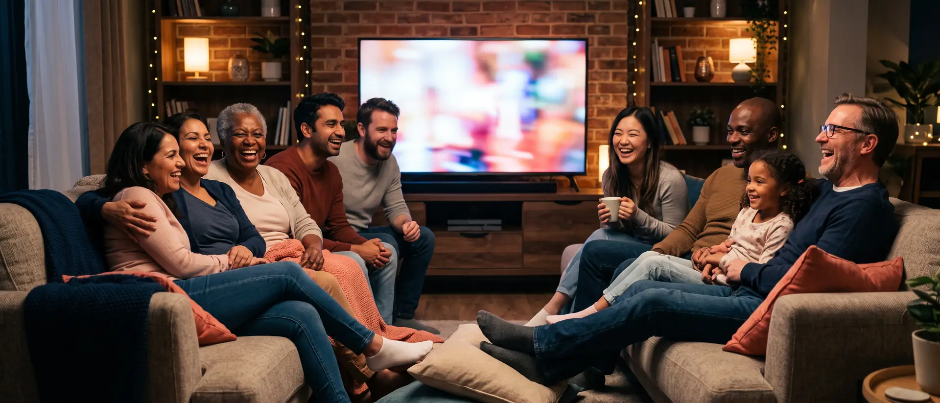 Family on the sofa enjoying a sharp 4K picture from Glomax8k on a large living-room TV