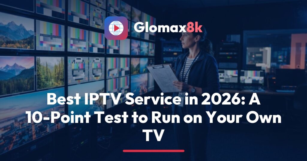 Glomax8k 10-point scorecard for choosing the best IPTV service, with a 4K TV showing 2160p stream info beside a checklist