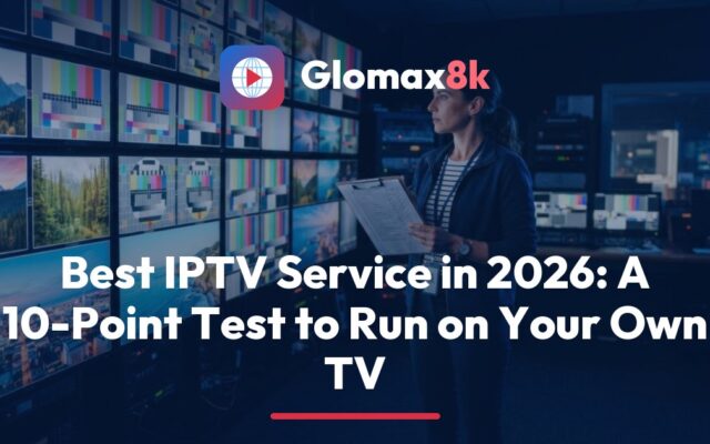 Glomax8k 10-point scorecard for choosing the best IPTV service, with a 4K TV showing 2160p stream info beside a checklist