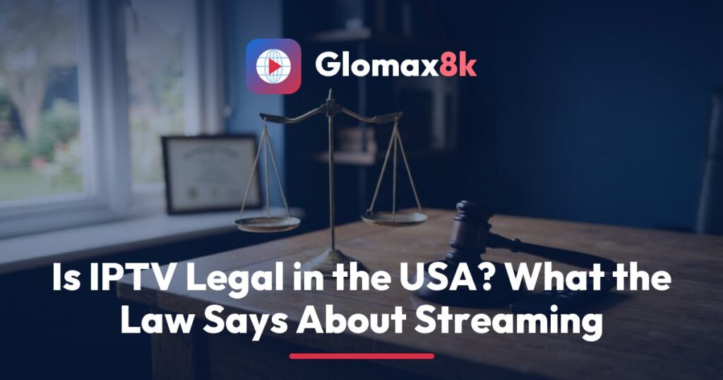 Glomax8k consumer guide to whether IPTV is legal in the USA: a TV remote resting on a printed copy of US copyright law