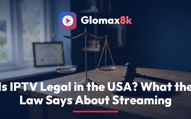 Glomax8k consumer guide to whether IPTV is legal in the USA: a TV remote resting on a printed copy of US copyright law
