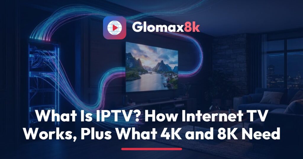Glomax8k explainer on what IPTV is: a 4K TV showing a channel guide, a streaming stick, a router and an Ethernet cable