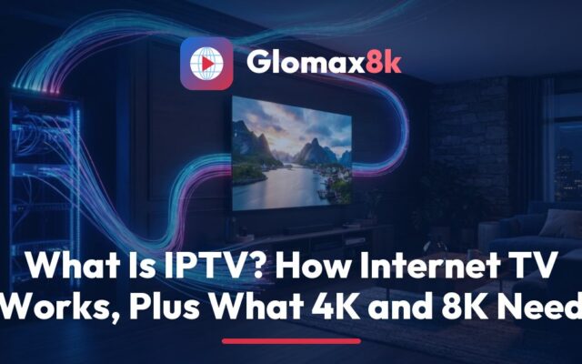 Glomax8k explainer on what IPTV is: a 4K TV showing a channel guide, a streaming stick, a router and an Ethernet cable