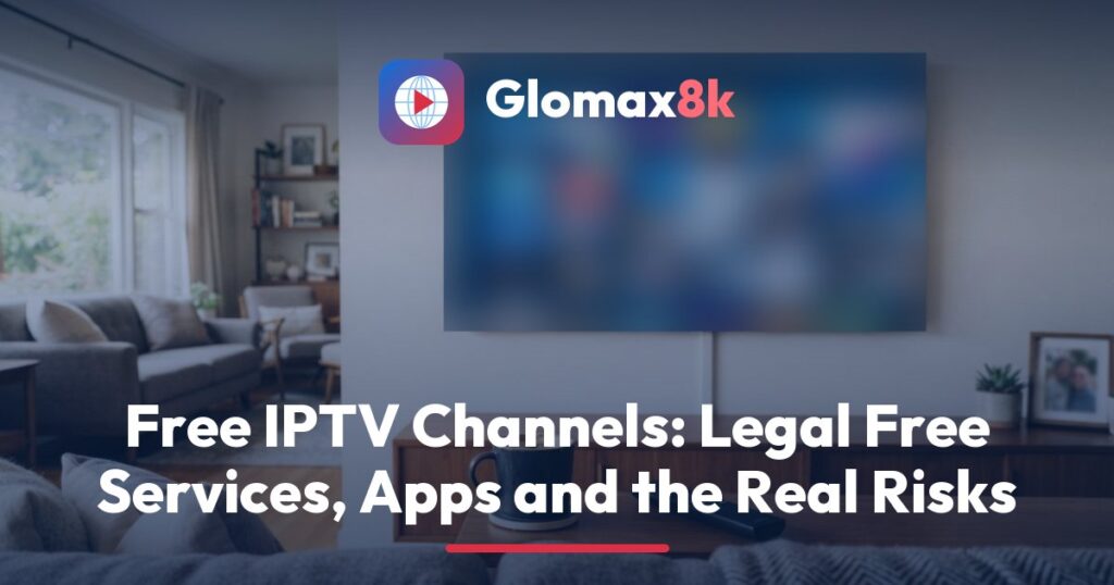 Glomax8k guide to free IPTV, showing a TV with a free ad-supported channel guide beside a phone displaying a 24-hour trial message