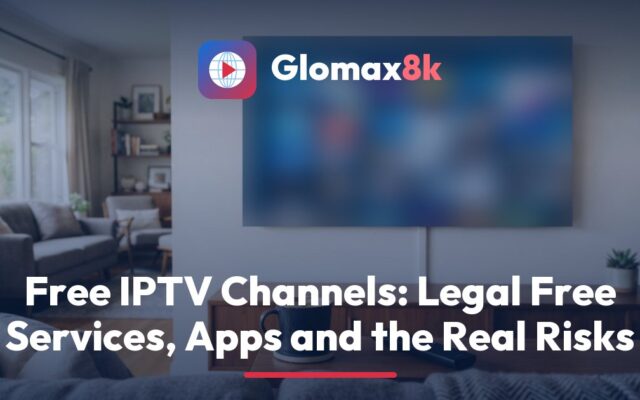Glomax8k guide to free IPTV, showing a TV with a free ad-supported channel guide beside a phone displaying a 24-hour trial message